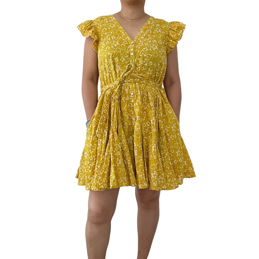 Cleobella Yellow Boho Mini Dress Organic Cotton Tie Waist Ruffle Sleeve Size L